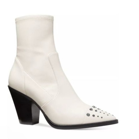 Michael Kors Dover Heeled Studded  Lt Cream Faux Leather Ankle Bootie Boot 9 M - Picture 1 of 14